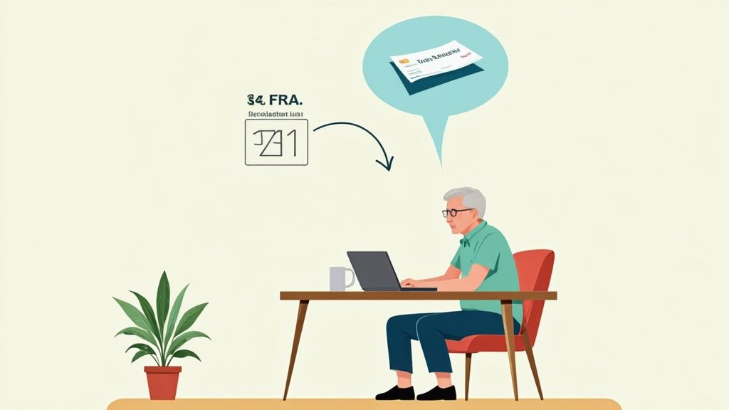 Woman working at a desk in her home office while managing finances.