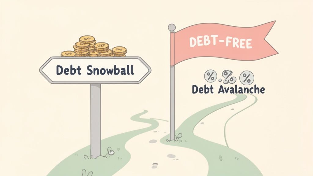An illustration comparing Debt Snowball and Debt Avalanche debt repayment strategies for becoming debt-free.