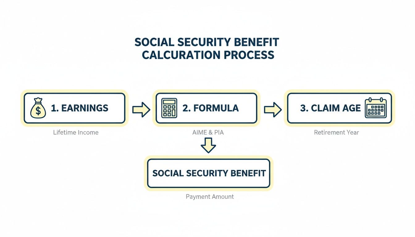 A flowchart illustrates the Social Security Benefit calculation process, starting with earnings, then formula, and claim age.