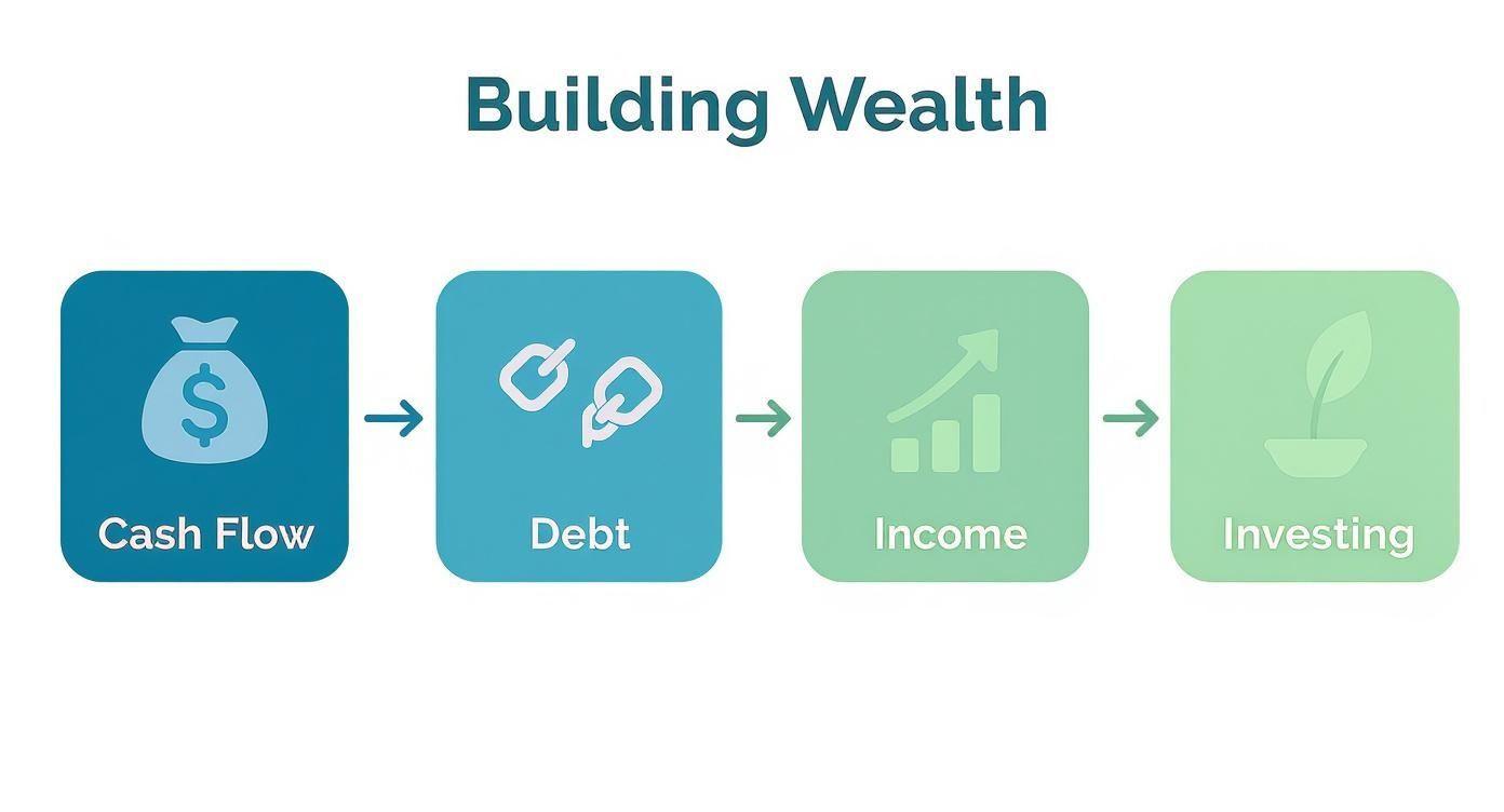 A diagram illustrates four steps to building wealth: cash flow, debt, income, and investing.