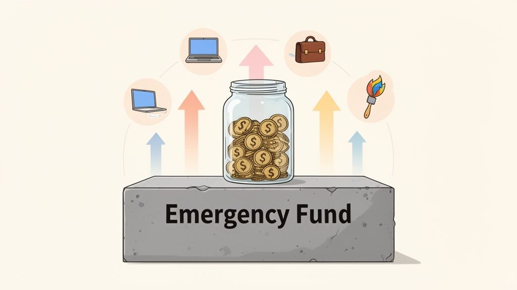 Illustration of an emergency fund, represented by a jar of coins on a stone block, covering various needs.