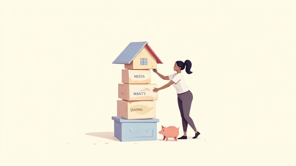 Woman stacking boxes labeled needs, wants, and saving to build foundation for home ownership