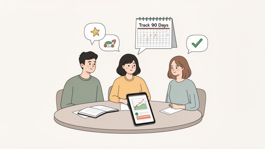 Three people discuss financial planning and goals, reviewing data on a tablet and calendar.
