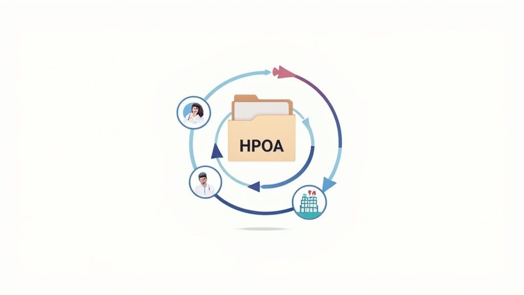 A diagram shows an 'HPOA' folder in the center, surrounded by a cycle involving healthcare professionals and a facility.