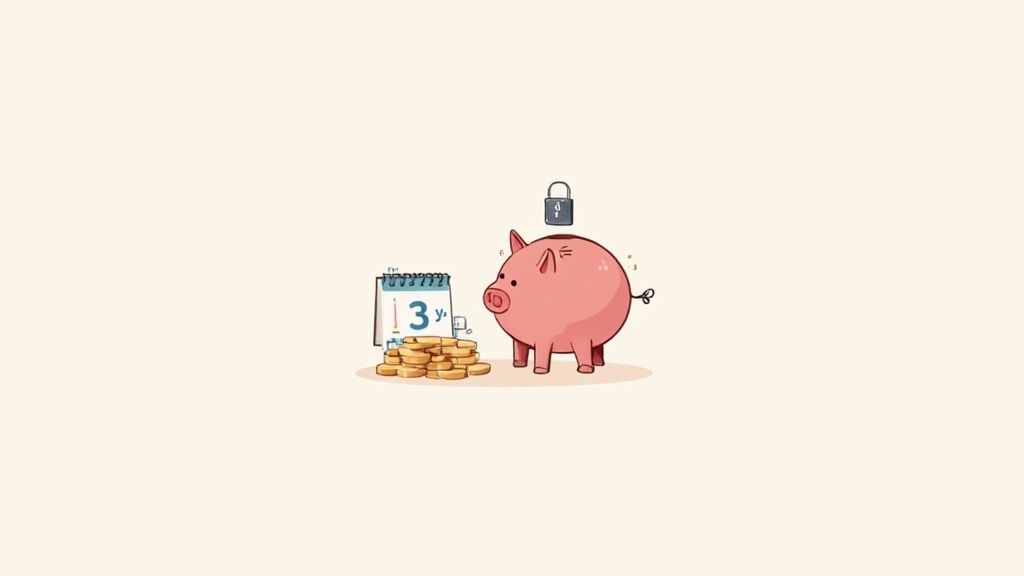 Pink piggy bank with padlock and stacked coins beside three-year calendar representing secure retirement savings