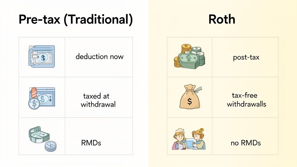 A table comparing pre-tax (traditional) and Roth retirement accounts, detailing tax treatment and RMDs.