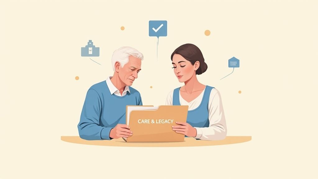 An older man and a young woman review a 'CARE & LEGACY' folder, discussing elder care planning.