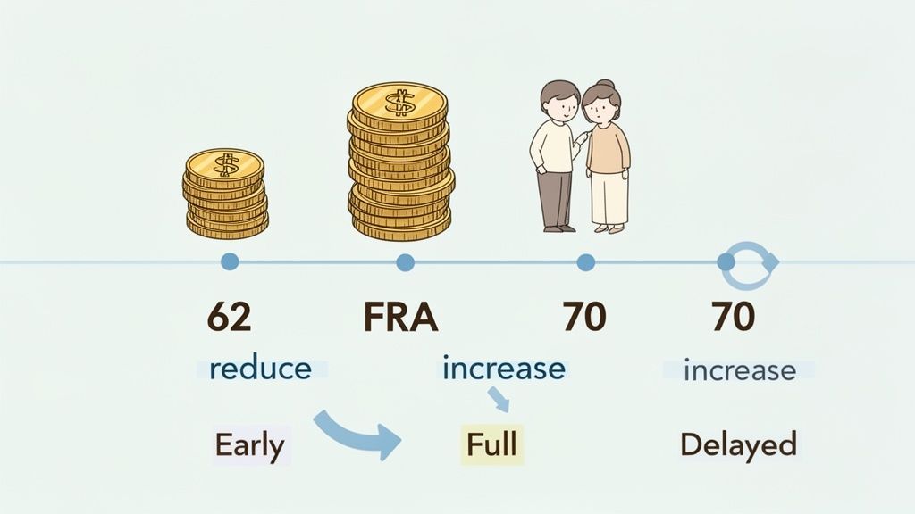 A timeline illustrating how social security benefits are affected by claiming age, showing options for early, full, or delayed benefits.