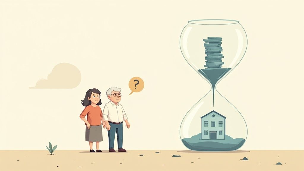 A concerned senior couple reviews their financial documents at a wooden table, contemplating the future.