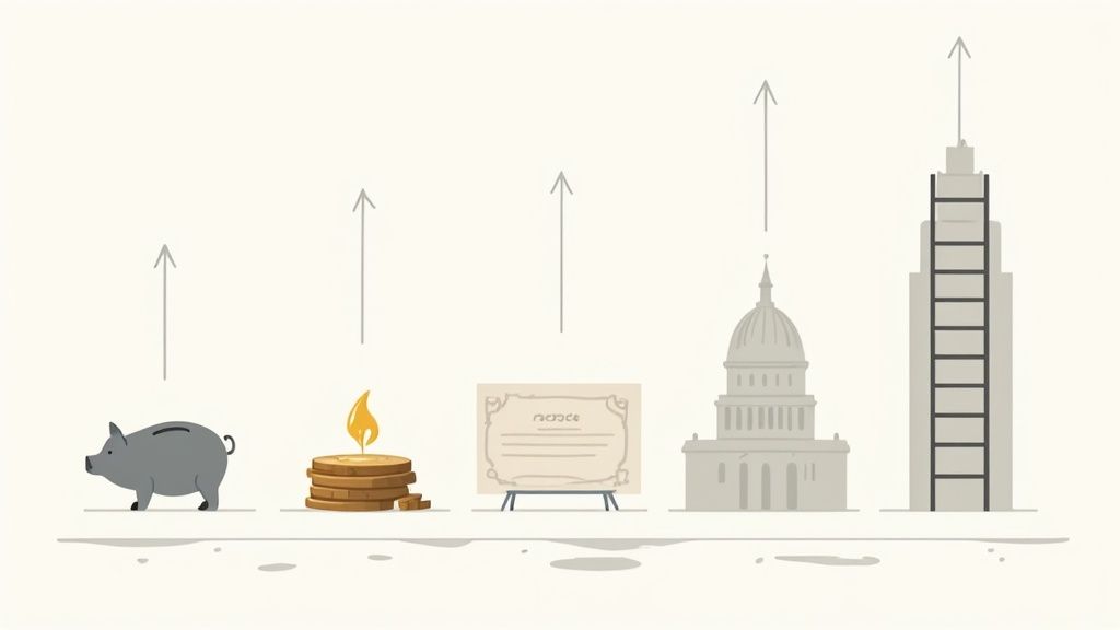 A visual representation of a diversified investment portfolio with various asset icons like bonds, savings, and CDs.