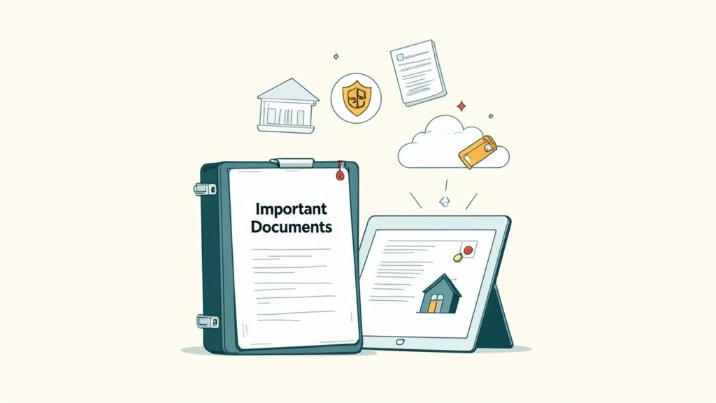 A neat binder and several organized folders containing important documents on a wooden desk.