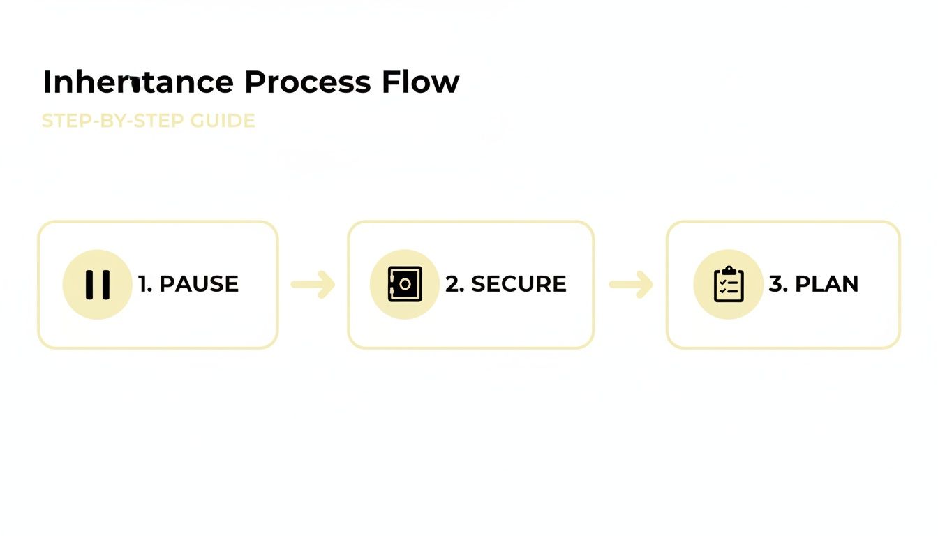 A step-by-step guide outlining the inheritance process flow: pause, secure, and plan.
