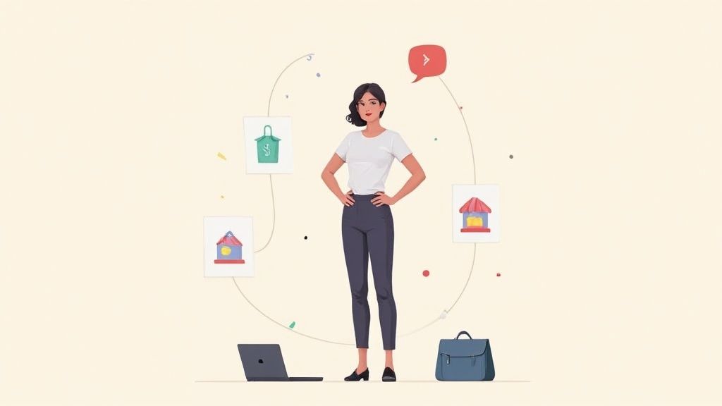Professional woman standing confidently surrounded by shopping bags, store icons, and laptop representing financial independence