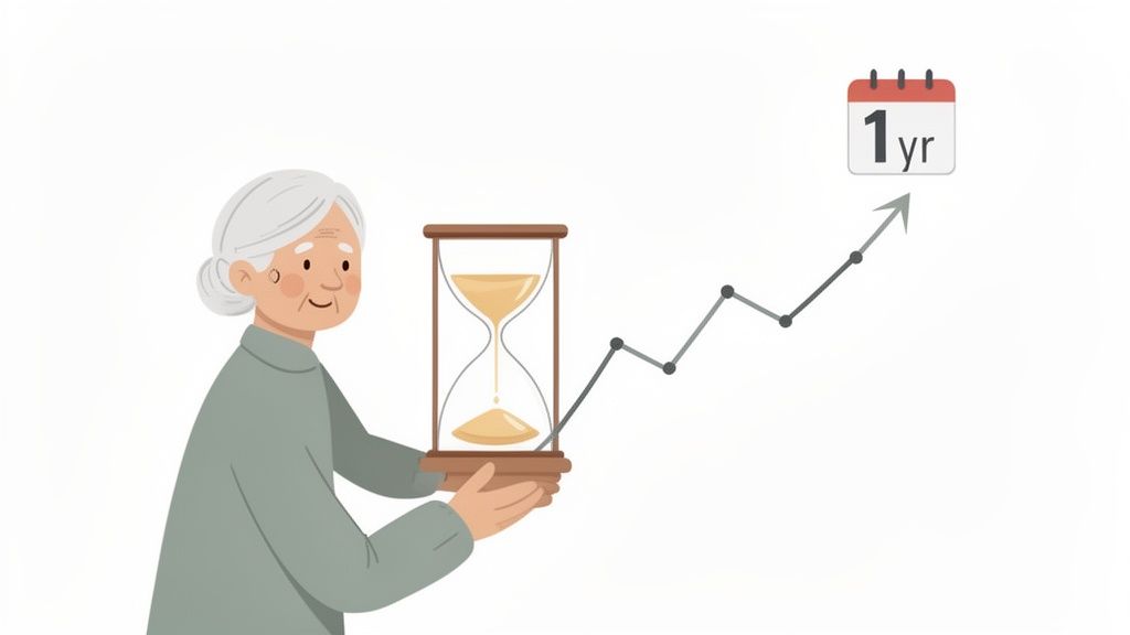 An elderly woman holds an hourglass next to a rising graph indicating a one-year trend.