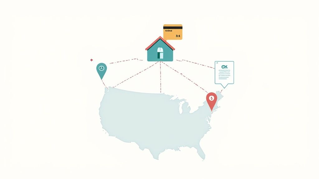 This image shows a house icon, credit card, and document linked to two map pins on a US map, illustrating asset connections.