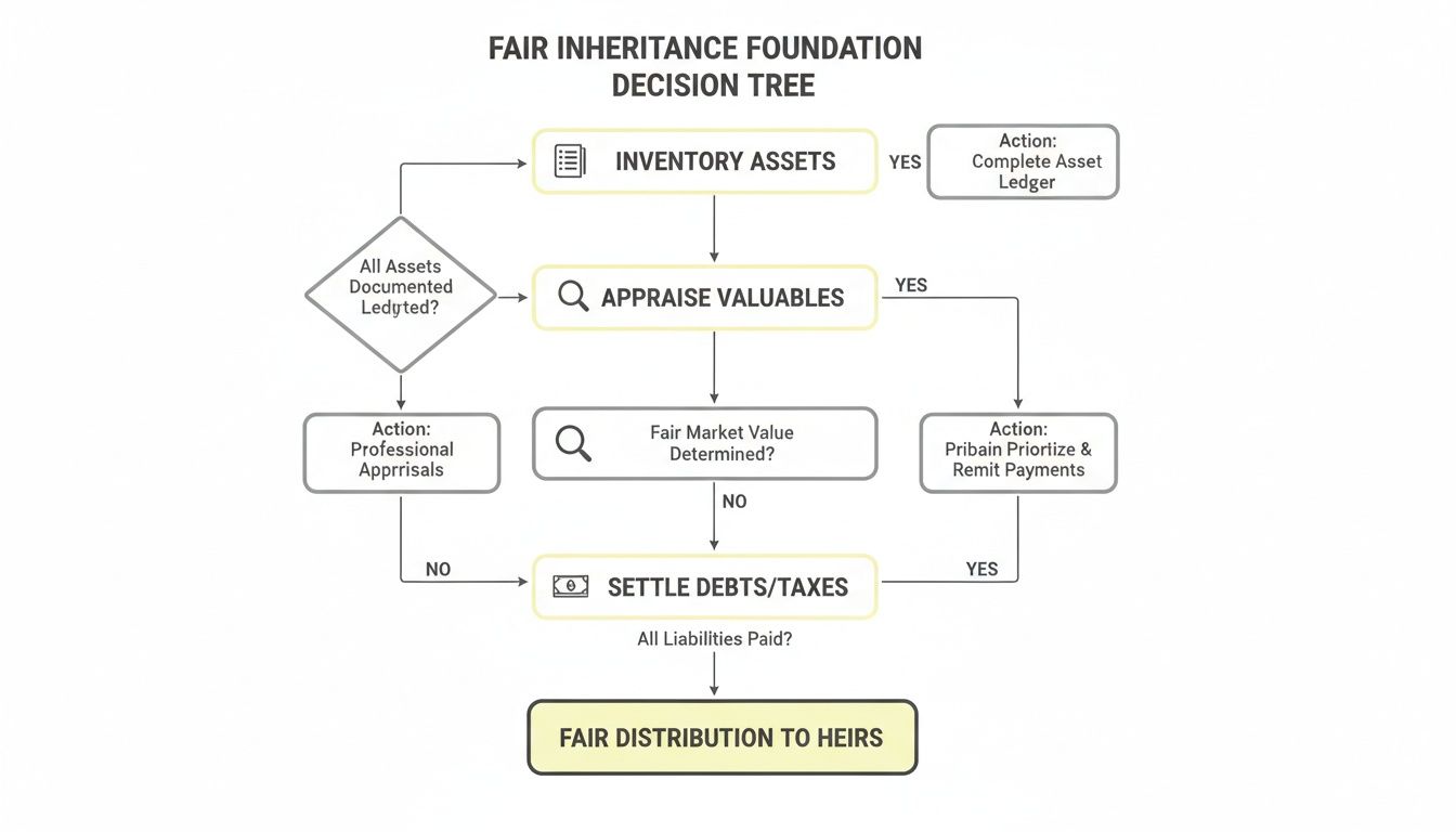 A flowchart illustrating the Fair Inheritance Foundation Decision Tree, outlining steps from asset inventory and appraisal to debt settlement and fair distribution.