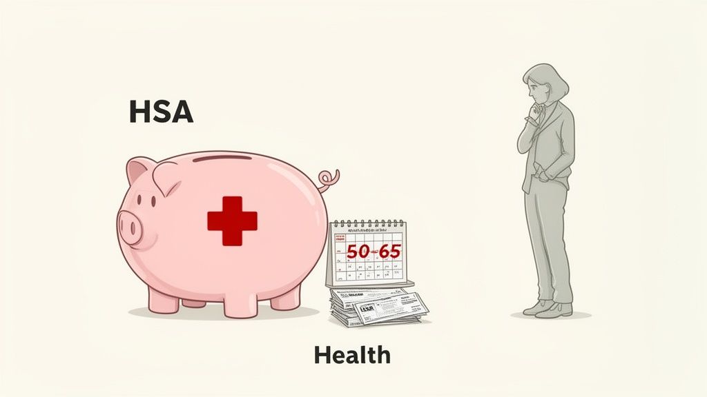 HSA piggy bank, calendar showing ages 50-65, and a thinking person, representing health savings for retirement.