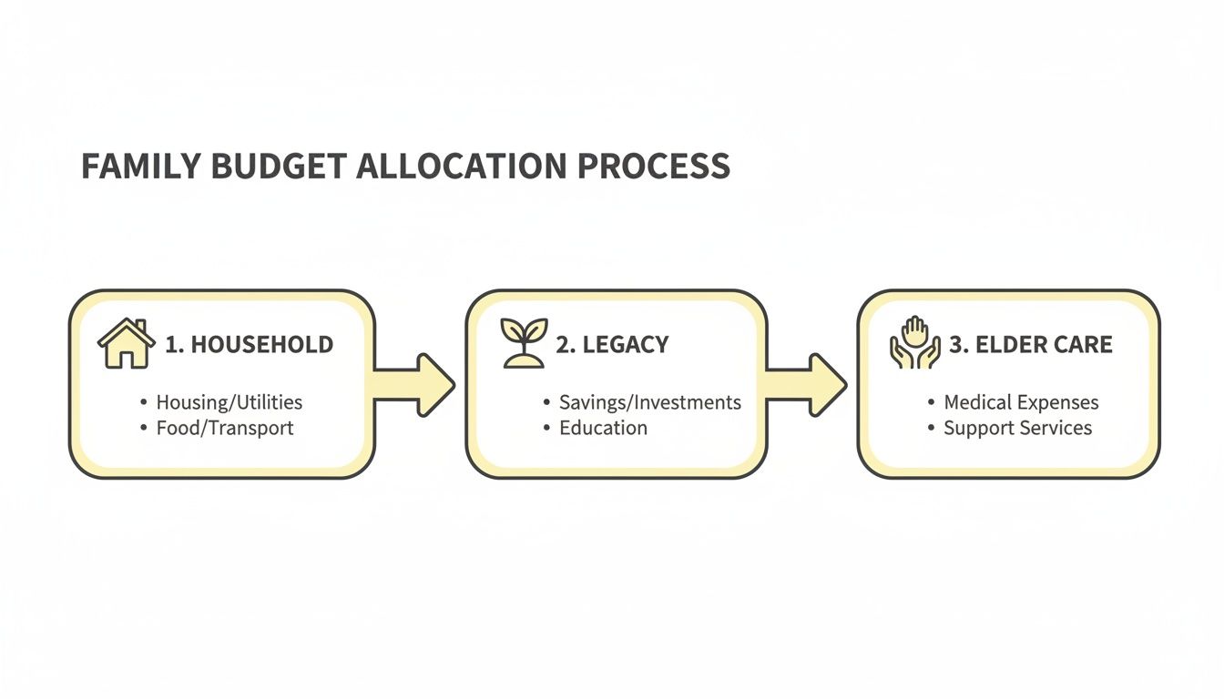 A flowchart illustrating the family budget allocation process with categories for household, legacy, and elder care.