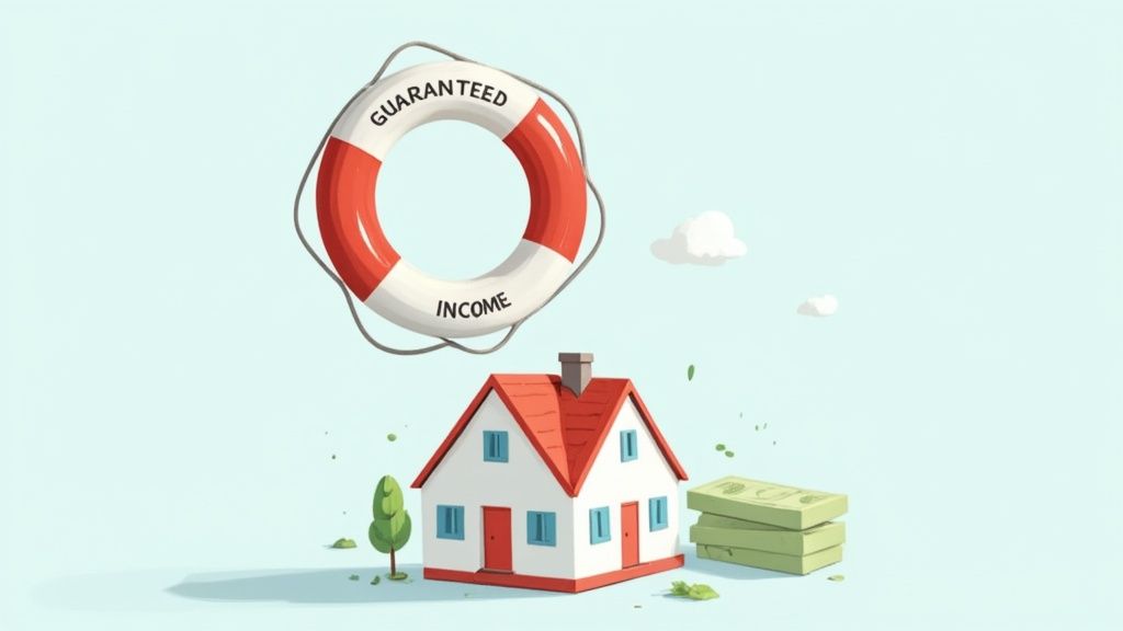 A house, stacks of money, and a tree with a lifebuoy labeled 'Guaranteed Income' above, symbolizing financial security.