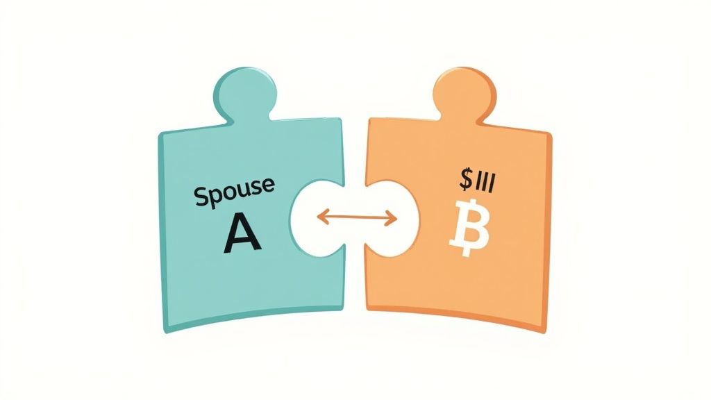 Two puzzle pieces, one labeled 'Spouse A' and the other with a dollar sign and Bitcoin symbol, connected by an arrow.