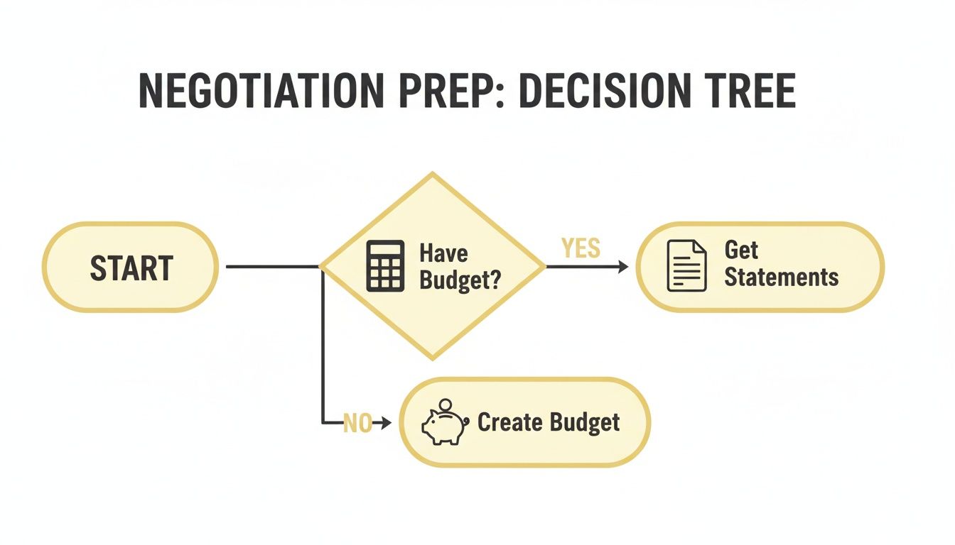 A negotiation prep decision tree flowchart, guiding users to create or use a budget.