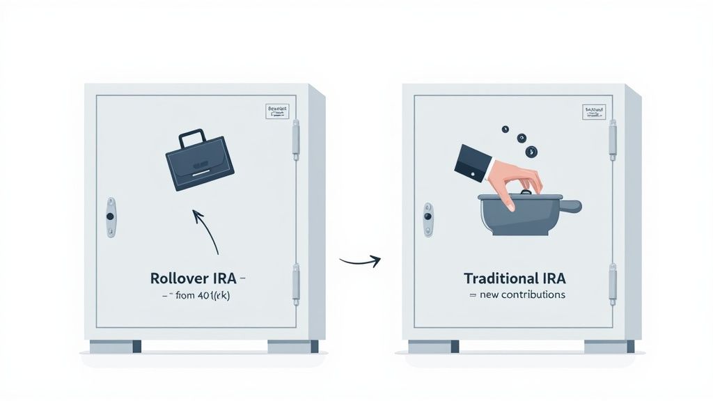 A visual comparison of Rollover IRA (401k transfer) and Traditional IRA (new contributions).