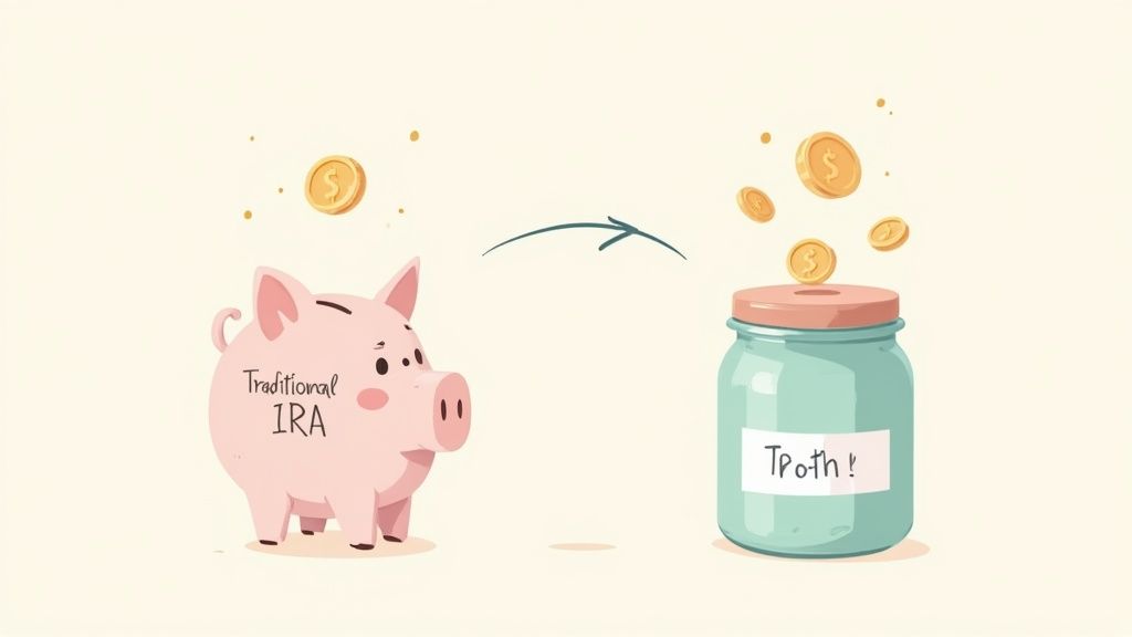 Coins transferring from Traditional IRA piggy bank to Roth conversion jar illustrating tax strategy