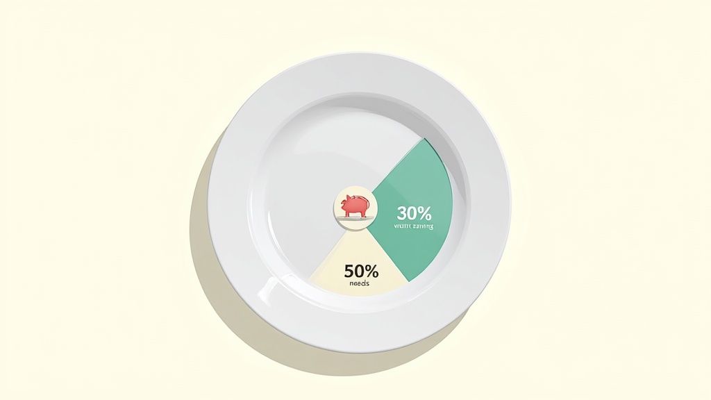 A white plate displaying a pie chart breakdown of finances: 50% needs, 30% wants and saving, plus a piggy bank.