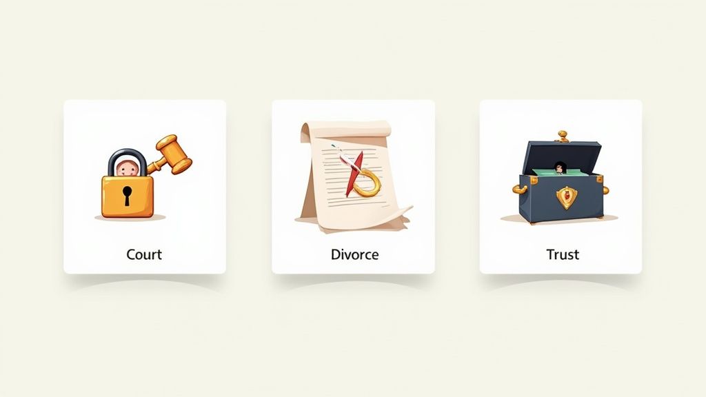 Three legal concept icons: court (person in padlock with gavel), divorce (scroll with broken ring), and trust (person in chest).