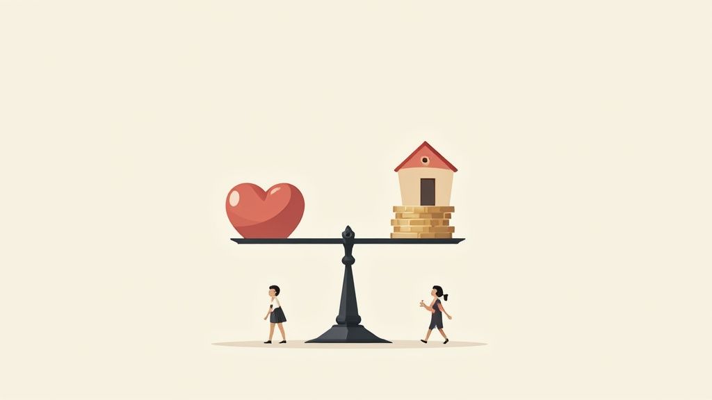 Balance scale weighing heart against house on coins symbolizing emotional versus financial estate planning decisions