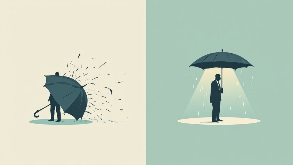 Two panels illustrate contrasting protection: one person's umbrella struggles, another's provides perfect shelter.