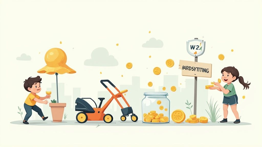 Two children earning money from various jobs like yard work and babysitting, saving coins in a jar.