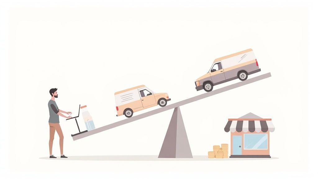 Illustration of a seesaw balancing individual effort and small business against a larger, wealthy enterprise.