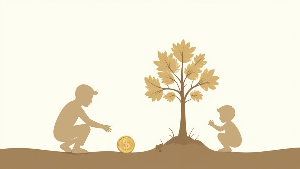 Silhouettes of children, a dollar coin, and a growing tree, symbolizing financial investment and future growth.