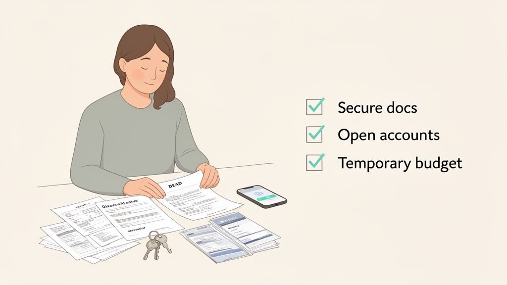 A woman reviews divorce and other important documents with a checklist for financial tasks.