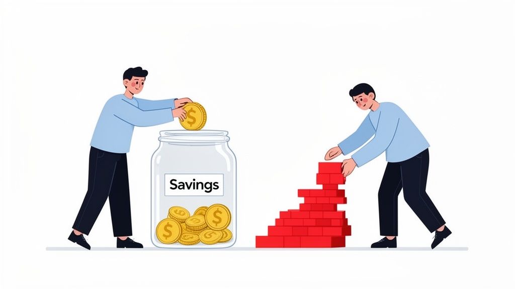 An illustration showing two men, one saving money in a 'Savings' jar, the other building with red bricks.