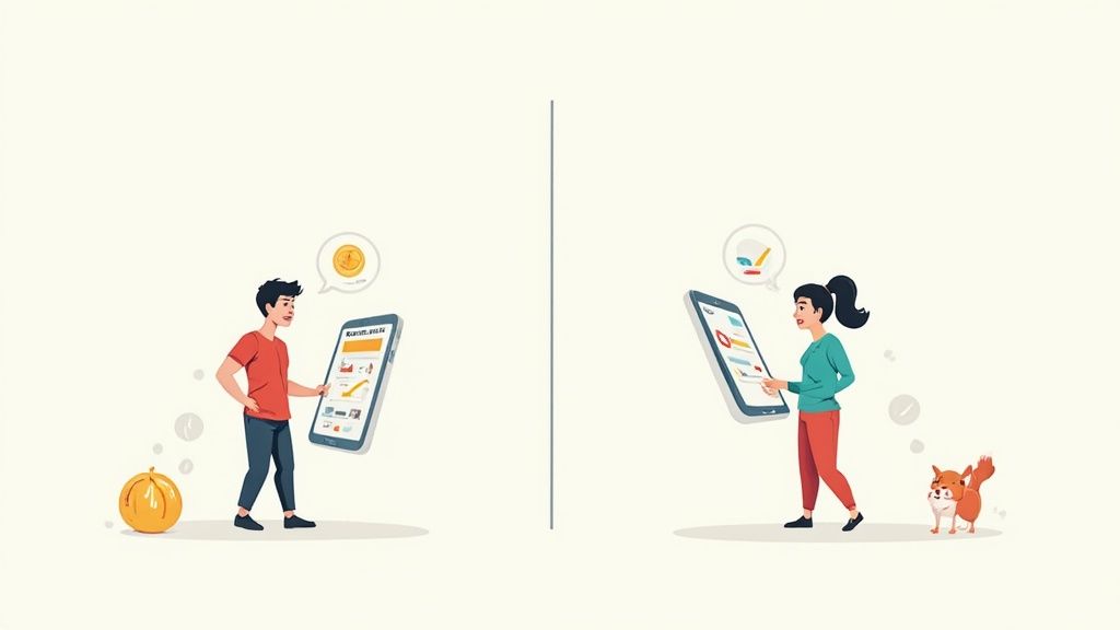 Two people, a man and a woman, use large smartphones displaying financial data, separated by a line.