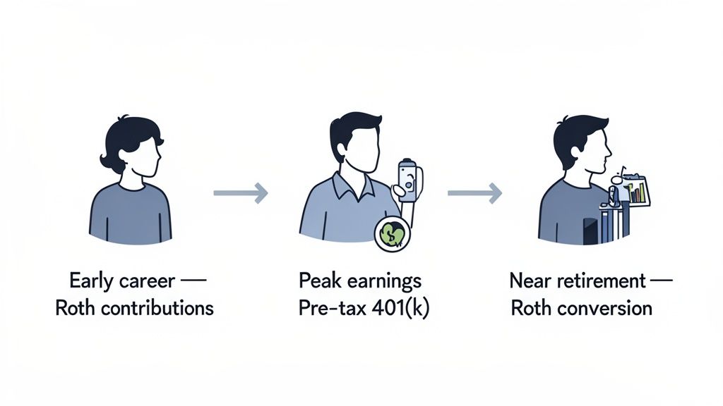 A person's financial journey: early career Roth contributions, peak earnings pre-tax 401(k), and Roth conversion near retirement.