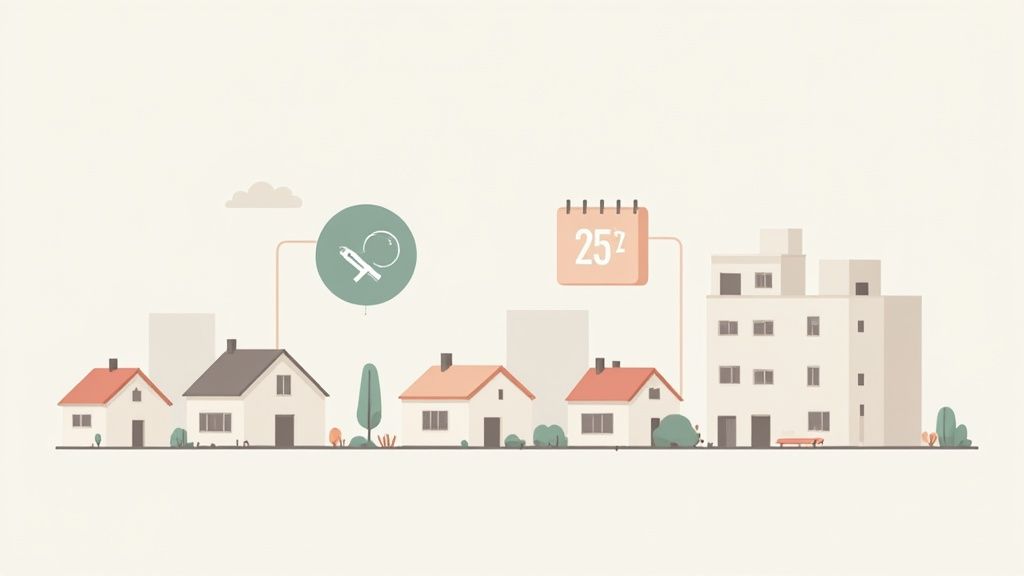 Cartoon illustration of a street with houses, an apartment building, and floating icons for writing and calendar.