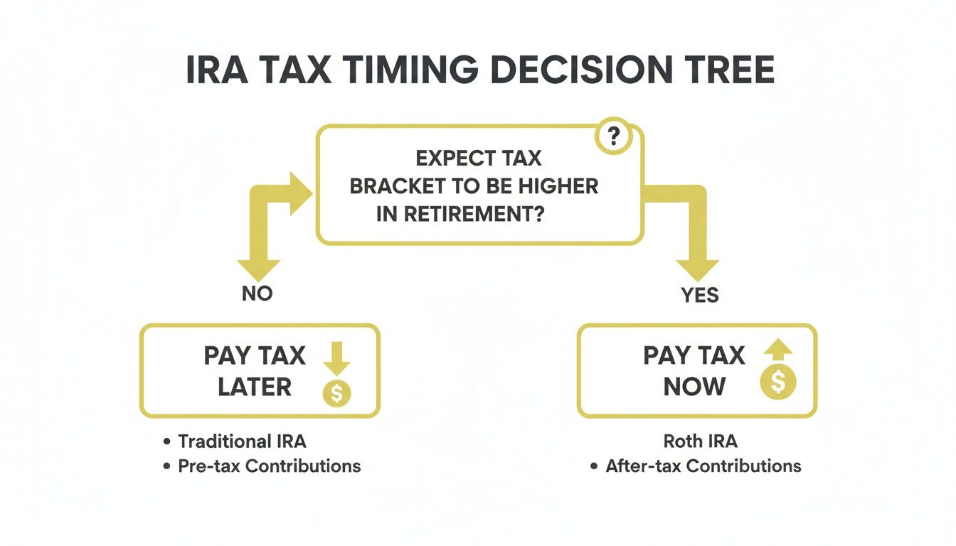 Flowchart for IRA tax timing decisions: pay now with Roth or later with Traditional, based on future tax bracket.