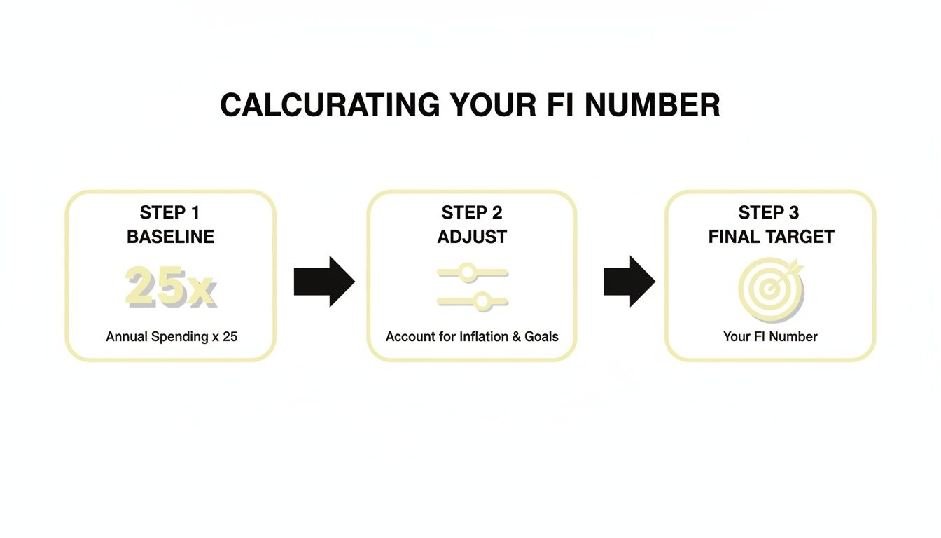 Infographic showing three steps to calculate your Financial Independence (FI) number: Baseline, Adjust, Final Target.