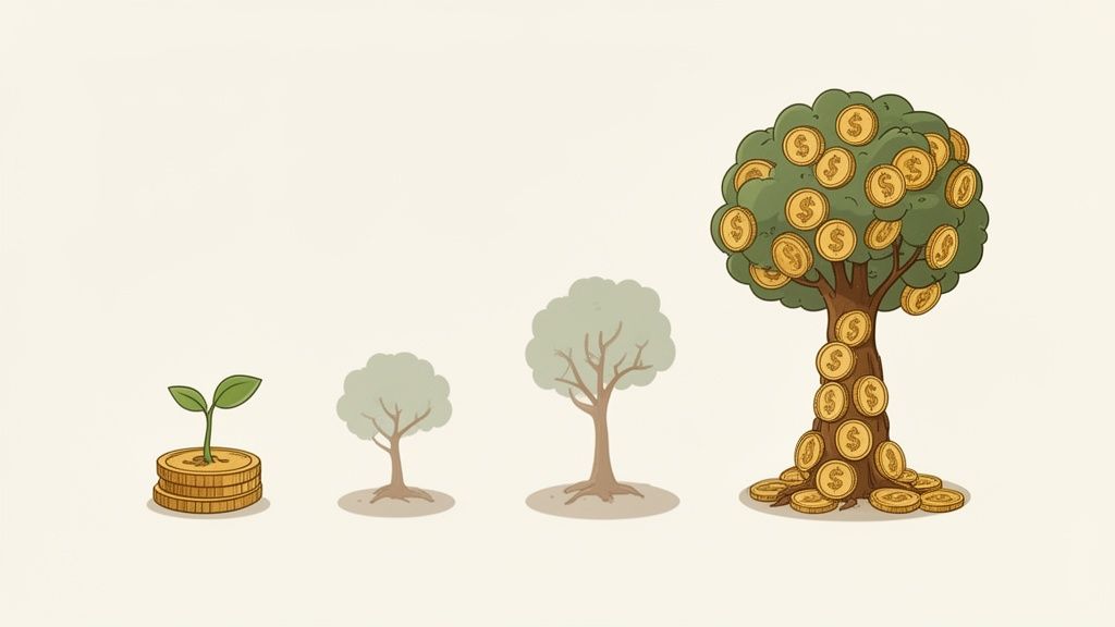 A visual progression showing a seedling growing from coins, then small trees, culminating in a large tree covered in dollar coins.