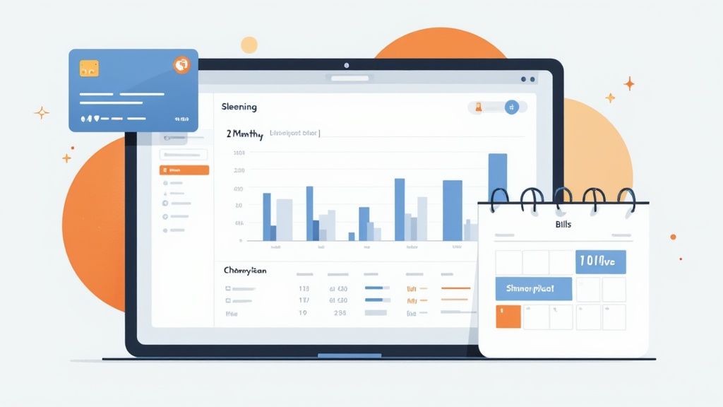 A laptop displays financial charts and data, alongside a credit card and a calendar for bill tracking.
