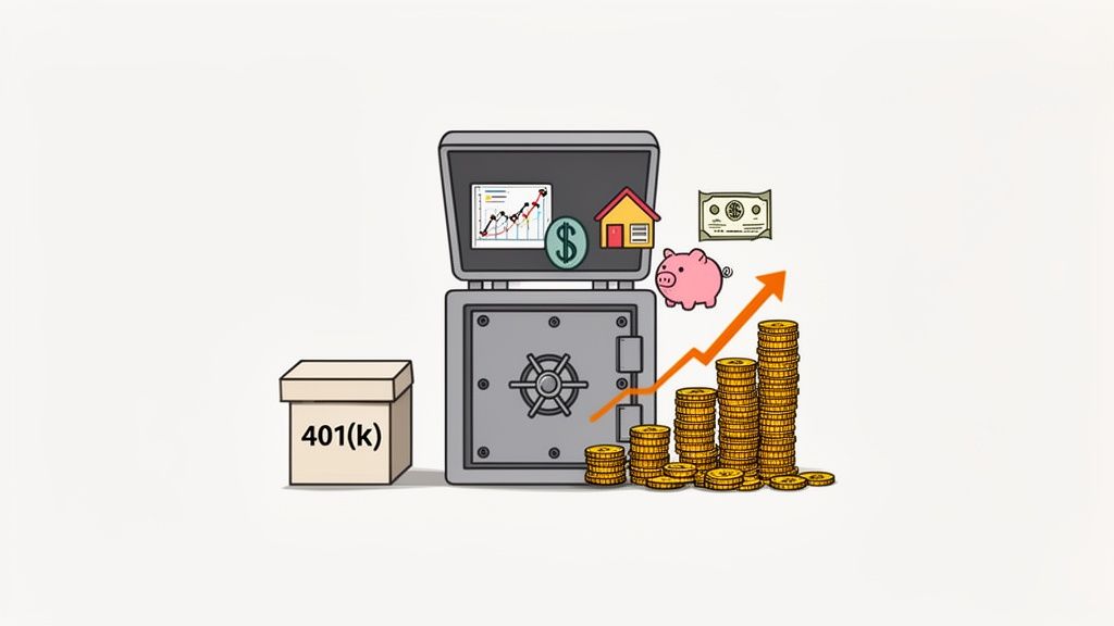 An illustration showing a 401(k) box, a safe with investments, and growing stacks of coins with an upward arrow.