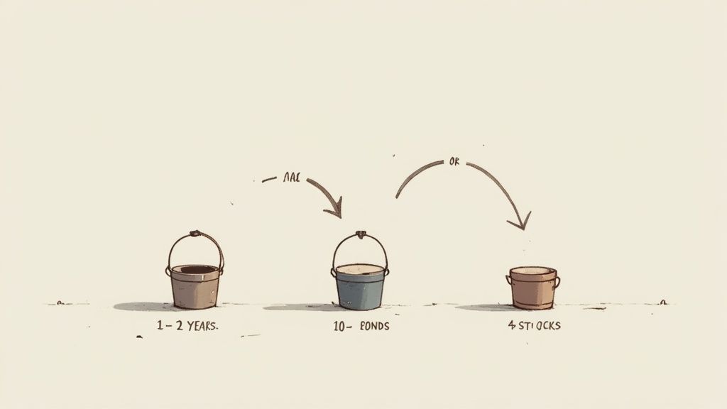 Illustration of investment buckets showing options for 1-2 years, 10 funds, or 4 stocks.