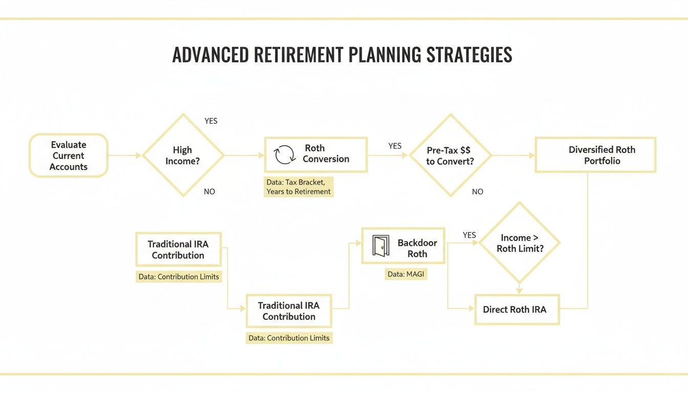 Flowchart detailing advanced retirement planning strategies including Roth conversions, Traditional IRA, and Backdoor Roth options.