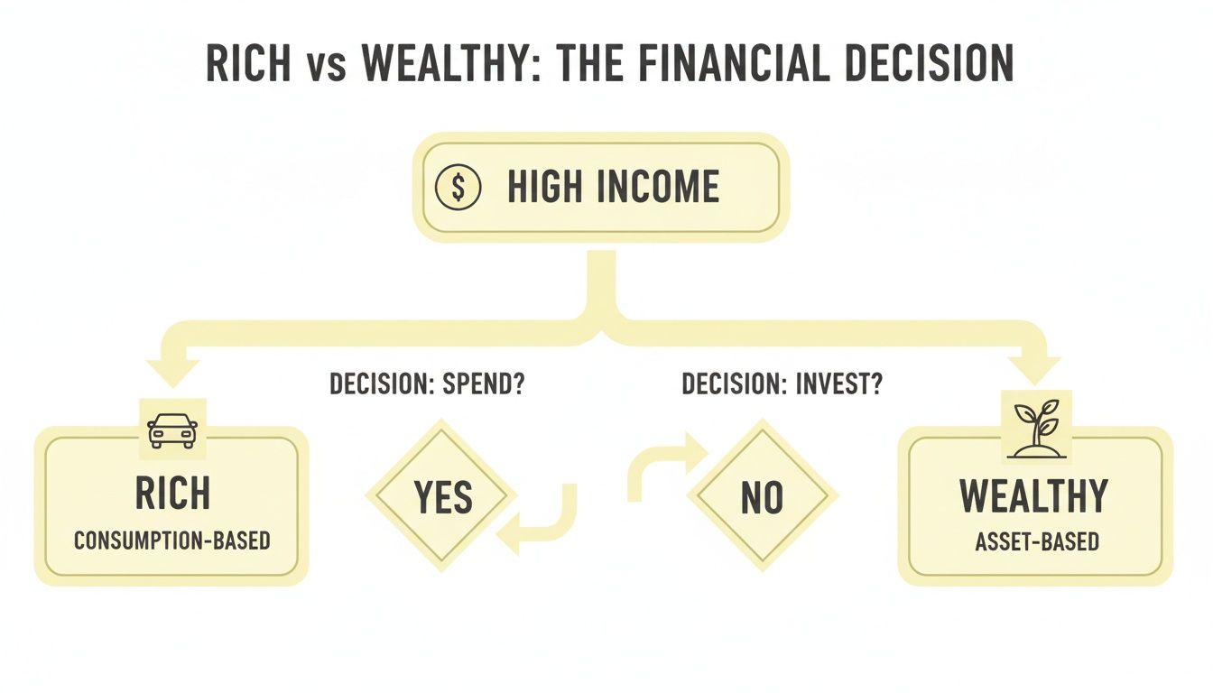 Flowchart showing high income leads to a financial decision: spending makes one rich, investing makes one wealthy.