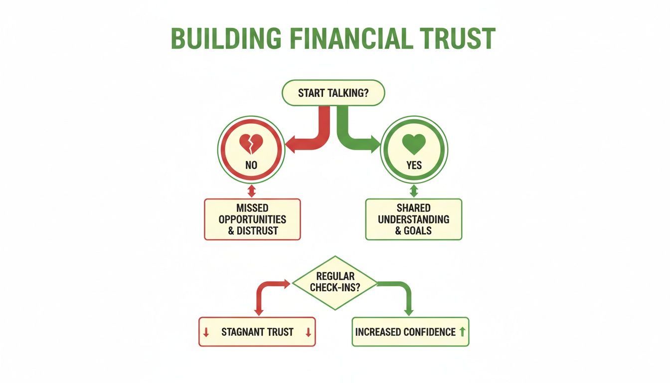 Flowchart illustrating how to build financial trust through talking and regular check-ins.