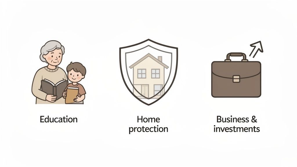An illustration showing three key life goals: education, home protection, and business investments.
