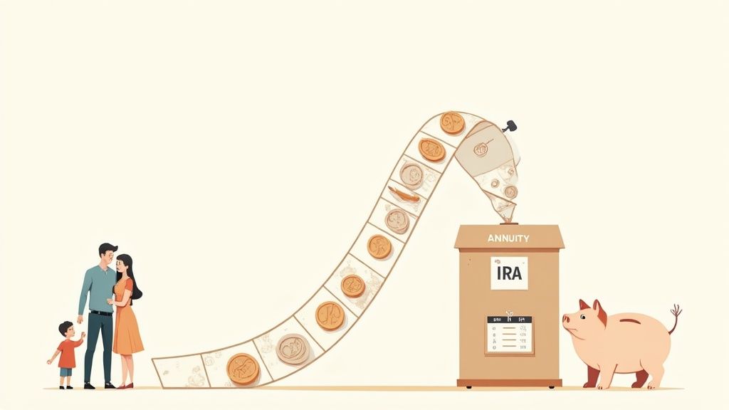 A family sitting on a dock by a lake, representing the peace of mind from stable retirement planning.